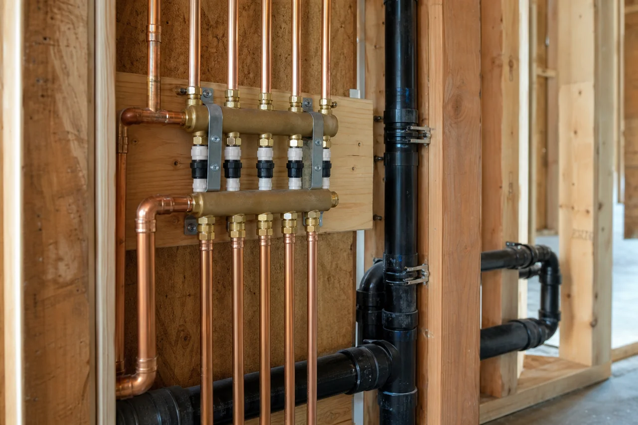Neatly supported plumbing manifold and drain piping illustrating Dave's Plumbing service scope