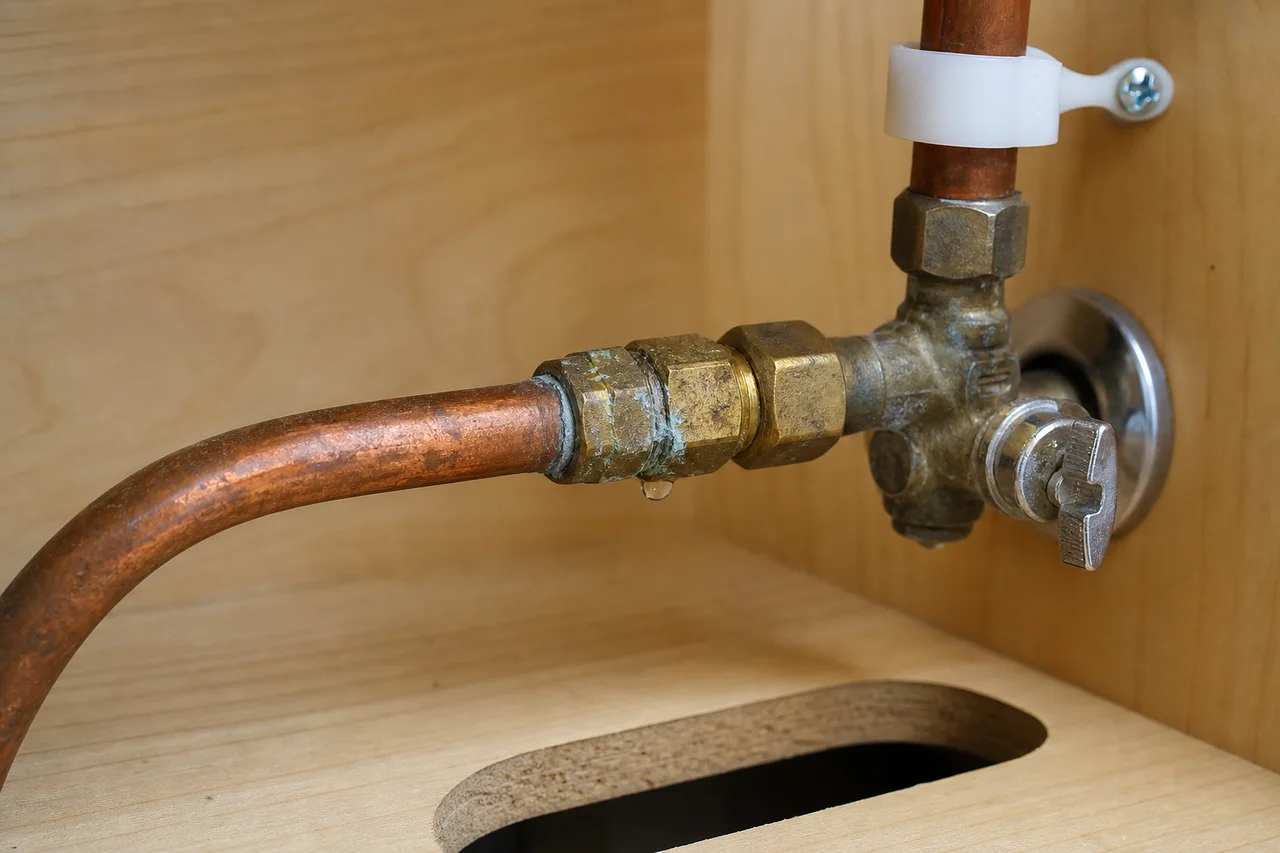 Mineral deposits and moisture at an under-sink plumbing connection