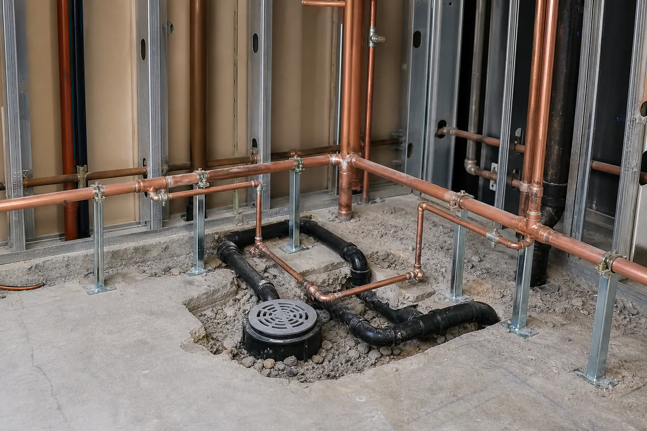 Commercial floor-drain and supply-piping detail illustrating remodel coordination