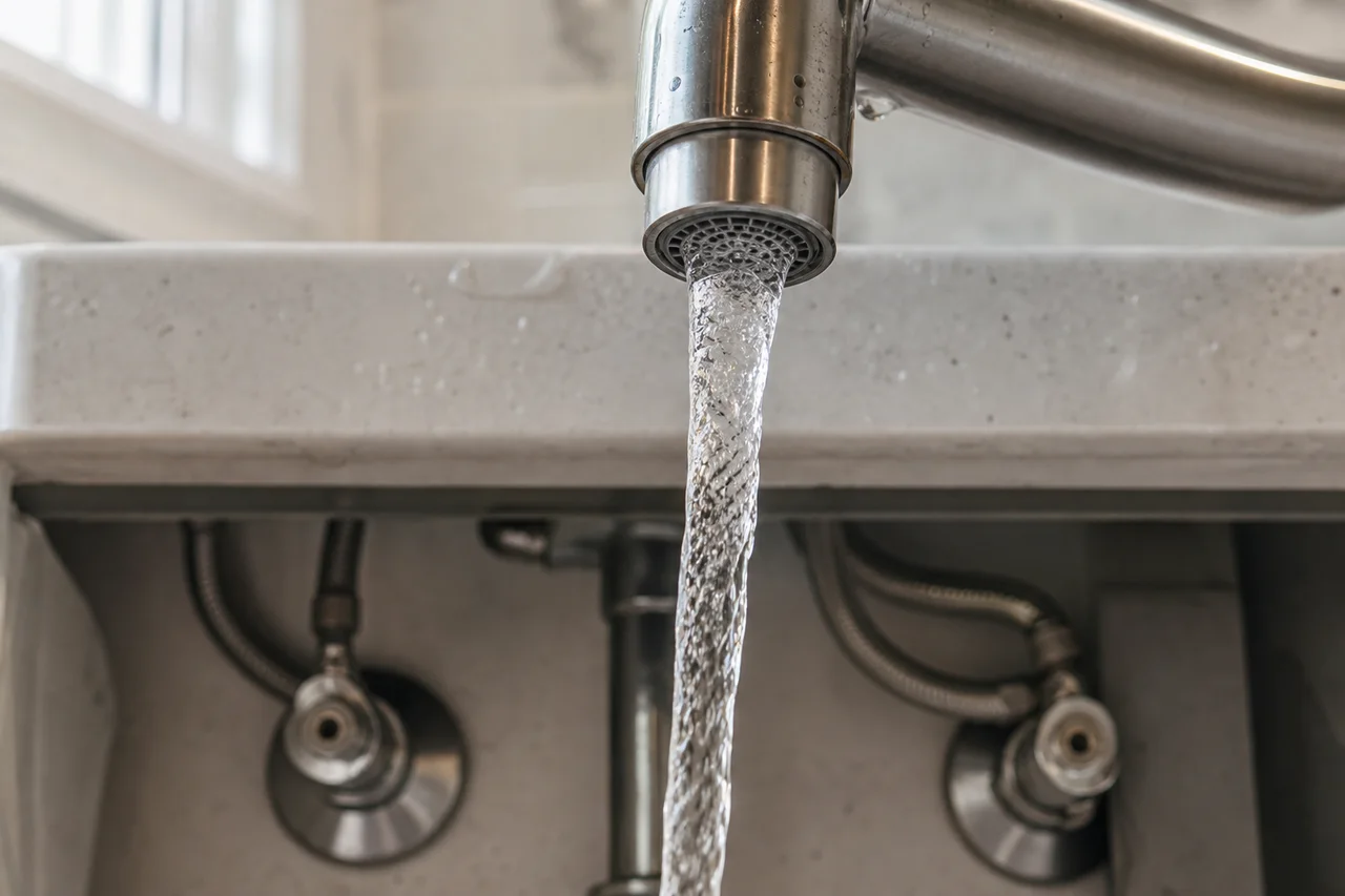 Kitchen faucet aerator and water stream illustrating fixture efficiency