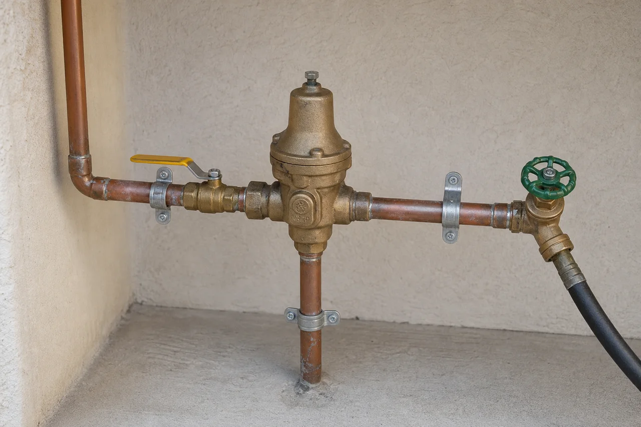 Accessible residential pressure regulator and shutoff valves used to illustrate plumbing maintenance