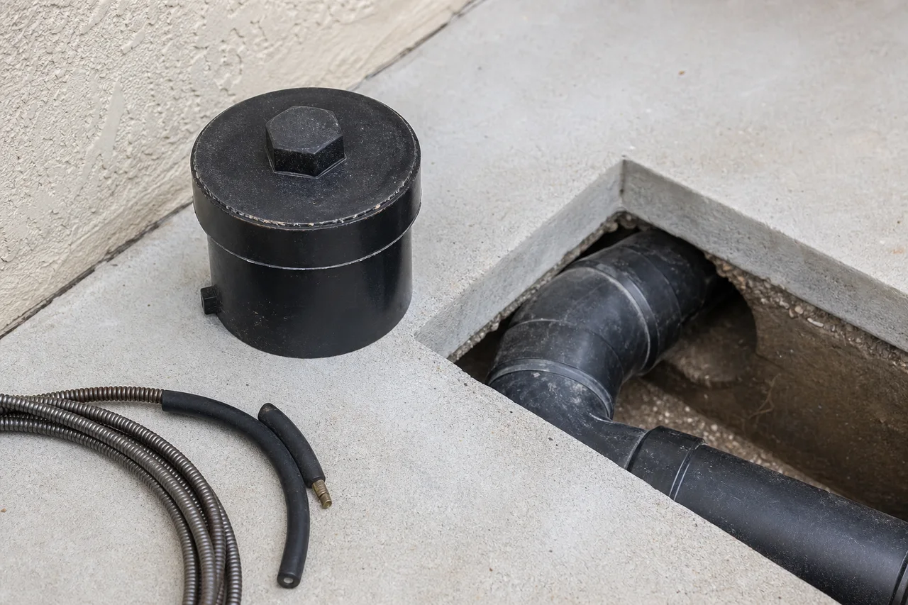 Accessible ABS drain cleanout and cable illustrating sewer-service access