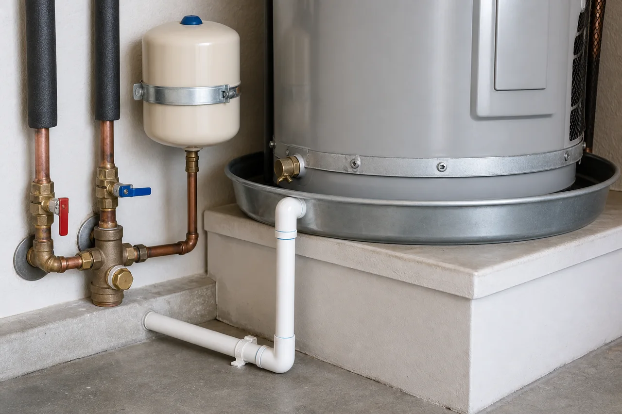 Tank water-heater connections, expansion component, drain pan, and shutoffs